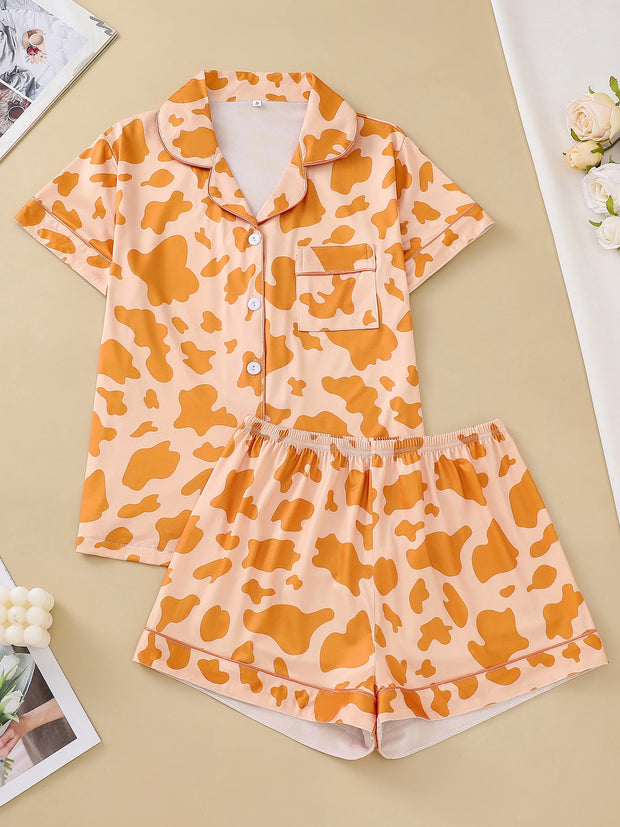 Two-piece set of women's pajamas lapel top and trousers cow pattern summer casual women's pajamas home wear - Luxe Ladies Moda