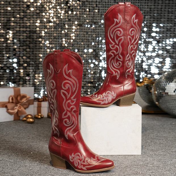 Women’s Retro Western Embroidered Cowboy Boots – Pointed Toe High Block Heel with Zipper Closure
