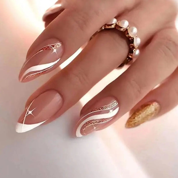 24pcs Detachable Almond French False Nails DIY Glitter Design Press on Nails Fake Nials DIY Manicure Nail Tips - Luxe Ladies Moda