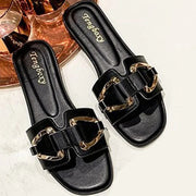 Women Metal Decor Single Band Flat Sandals Fashion Sexy Open Toe Outdoors Slides Luxurious Office Ladies Party Female Shoes - Luxe Ladies Moda