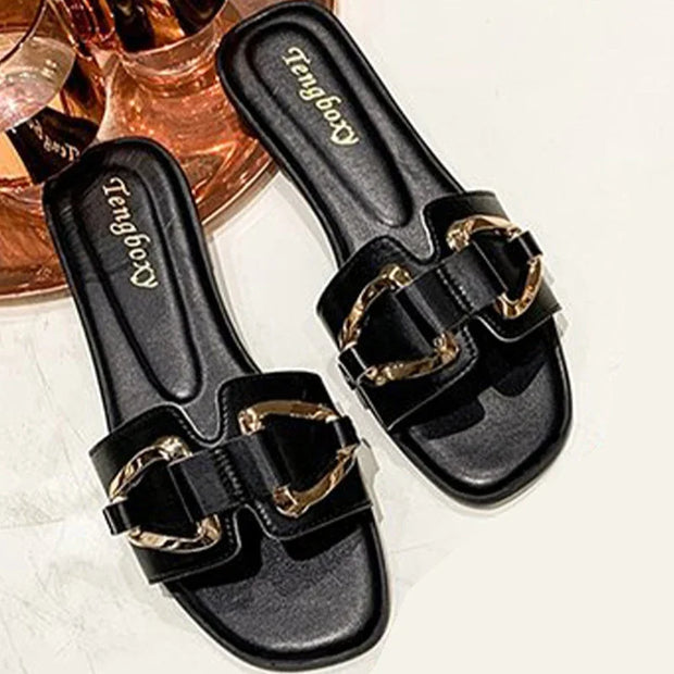 Women Metal Decor Single Band Flat Sandals Fashion Sexy Open Toe Outdoors Slides Luxurious Office Ladies Party Female Shoes - Luxe Ladies Moda
