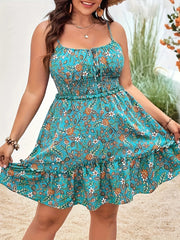 Plus Size Summer Women Elegant Floral Print Dress Vacation Vintage Casual Sleeveless Ruffle Sling Dresses - Luxe Ladies Moda