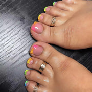 Summer French Gradient Press-On Toe Nails – Short Square Full Cover Rainbow Fake Toenail Set