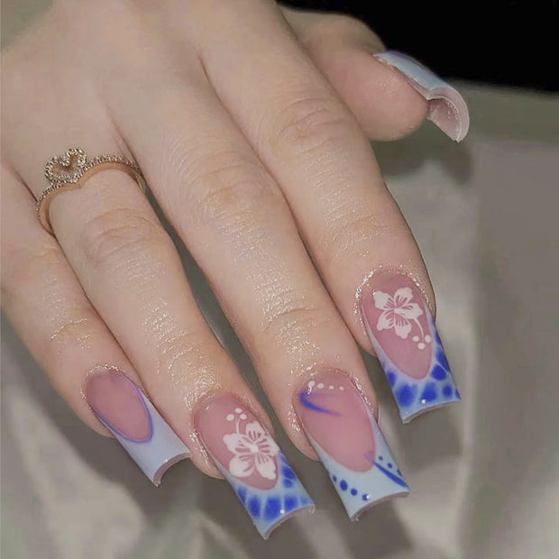 24pcs French False Nails Pink Flowers Short Coffin Fake Nail Tips for Girl Wearable Sweet Korean Simple Nude Pink Press on Nails - Luxe Ladies Moda