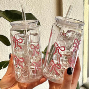 500Ml Pink Bow Print Water Bottle Drinking Can Iced Hot Coffee Juice Plastic Cup Pink Bowknot Tumbler Cup - Luxe Ladies Moda