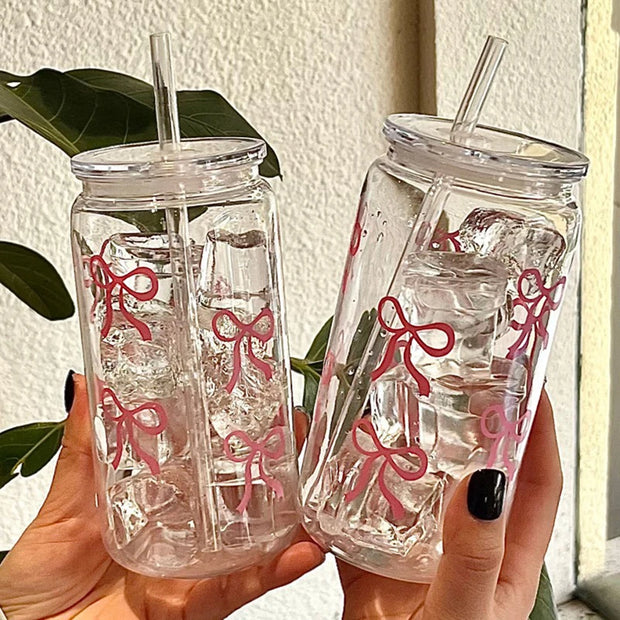 500Ml Pink Bow Print Water Bottle Drinking Can Iced Hot Coffee Juice Plastic Cup Pink Bowknot Tumbler Cup - Luxe Ladies Moda