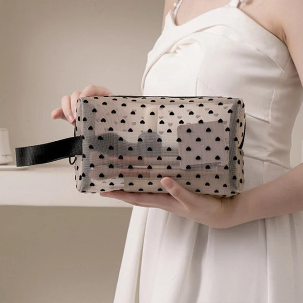 Heart Transparent Mesh Makeup Bag Multifunction Portable Women Cosmetic Storage Pouch Ladies Toiletry Lipstick Organizer Bags - Luxe Ladies Moda