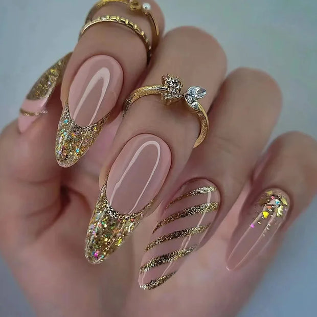 24pcs Detachable Almond French False Nails DIY Glitter Design Press on Nails Fake Nials DIY Manicure Nail Tips - Luxe Ladies Moda