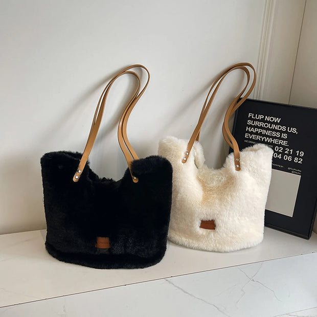 Women Plush Shoulder Bag Fluffy Furry Underarm Bag Large Capacity Fuzzy Purse Solid Handbag for Work Travel Shopping - Luxe Ladies Moda