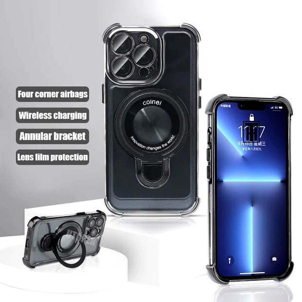 New Strong Magsafe Magnetic Ring Stand for iPhone 16 15 14 13 11 12 Pro Max Plus Military Shockproof Slim Plating Clear Cover - Luxe Ladies Moda