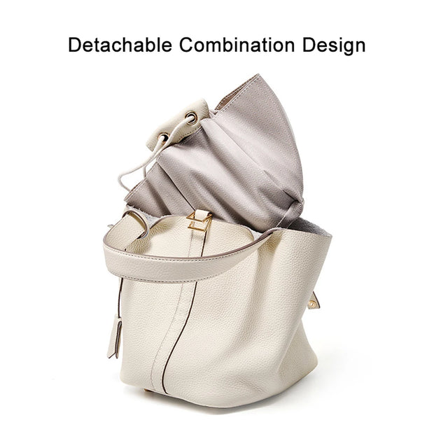 Ladies Handbag Female Bucket Bag Basket Shoulder Bag Travel Bag Large Soft Cowhide Leather Tote with Lock Design