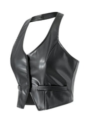 Women PU Leather Vest Coat Vintage Sleeveless V Neck Button Down Tank Tops Dark Academia Gothic Waistcoat Female Summer Fall
