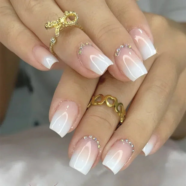 Glossy Press on Nails Set Short Oval Shiny Gradient French Nail Art Design Reusable Full Cover Fake Nails with Glue for Girls