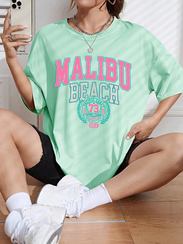 Malibu Beach Letter Print Print Womens T-Shirts Street Casual Tshirt Summer Brand Tee Clothing Hip Hop Breathable Tshirts Women - Luxe Ladies Moda