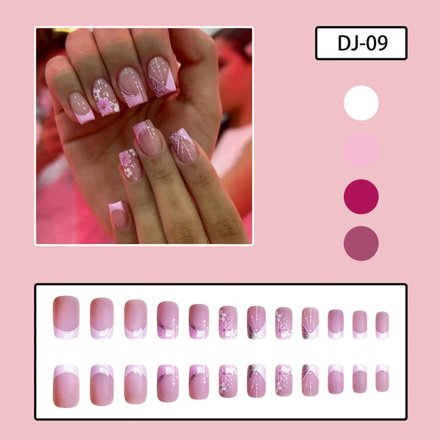 24pcs French False Nails Pink Flowers Short Coffin Fake Nail Tips for Girl Wearable Sweet Korean Simple Nude Pink Press on Nails - Luxe Ladies Moda