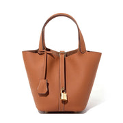 Ladies Handbag Female Bucket Bag Basket Shoulder Bag Travel Bag Large Soft Cowhide Leather Tote with Lock Design