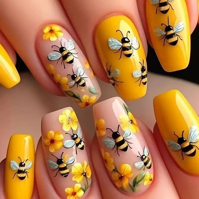 24pcs/set Medium long fake nails for women Spring summer flowers butterfly bee design faux ongles tips press on false nail art - Luxe Ladies Moda