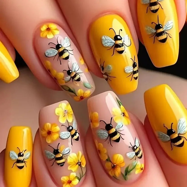 24pcs/set Medium long fake nails for women Spring summer flowers butterfly bee design faux ongles tips press on false nail art - Luxe Ladies Moda