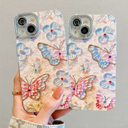 For iPhone 15 14 13 12 Pro Max 11 Fashion Blue Light Butterfly Flower Glitter Shockproof Phone Case with lens protective film - Luxe Ladies Moda