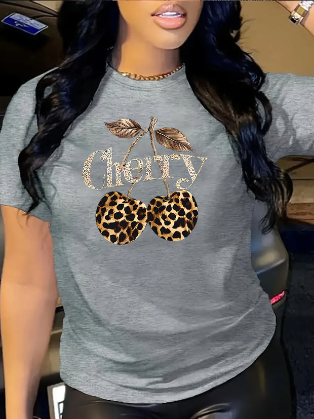 Women's Casual Cherry Print T-Shirt with Leopard Print Cherries & Letter Design - Short Sleeve, Crew Neck Ladies T Shirts - Luxe Ladies Moda