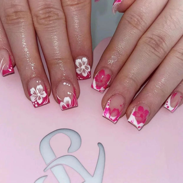 24pcs French False Nails Pink Flowers Short Coffin Fake Nail Tips for Girl Wearable Sweet Korean Simple Nude Pink Press on Nails - Luxe Ladies Moda