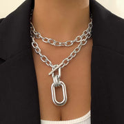 Exaggerated Gold Color Big Elliptical Pendant Necklace for Women Metal Chunky Chain OT Buckle Necklace