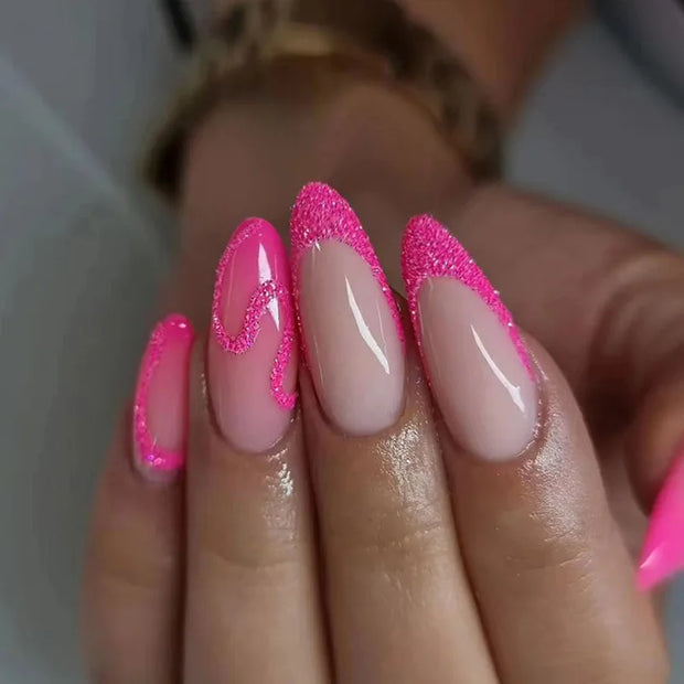 24pcs Detachable Almond French False Nails DIY Glitter Design Press on Nails Fake Nials DIY Manicure Nail Tips - Luxe Ladies Moda