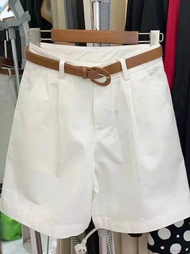 Summer Cotton Shorts for Women Korean Loose Casual Wide Leg Short Belt Solid Color Rose Red Women's Short Pants Female Clothing
