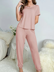 Women's new style pajamas short sleeve trousers elegant casual two-piece solid color home wear - Luxe Ladies Moda