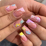 24pcs/Box Long T Handmade French Flame Wave Love With Diamond False Nail Enhancement Waterproof Gel Fake Nails