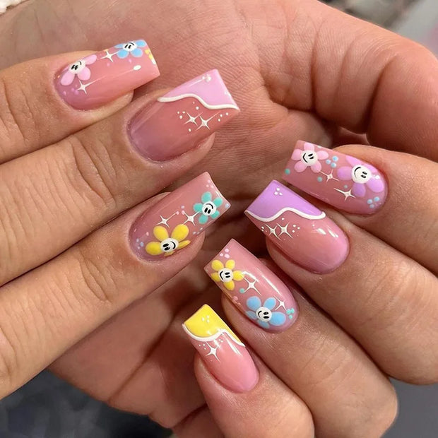 24pcs/Box Long T Handmade French Flame Wave Love With Diamond False Nail Enhancement Waterproof Gel Fake Nails