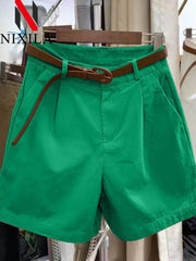 Summer Cotton Shorts for Women Korean Loose Casual Wide Leg Short Belt Solid Color Rose Red Women's Short Pants Female Clothing