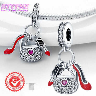 925 Sterling Silver Lipstick For High-heel Handbag Beads Fit Pandora Original Bracelet Charms Beads Women's Jewelry Gift - Luxe Ladies Moda
