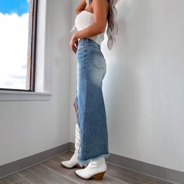 High-Waisted Irregular Burlap Denim Skirt Women's Do Old Washed Half-Body Skirt Denim Casual Skirt Women's