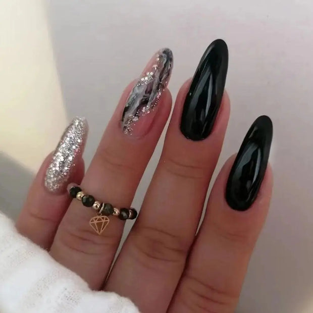 24pcs Detachable Almond French False Nails DIY Glitter Design Press on Nails Fake Nials DIY Manicure Nail Tips - Luxe Ladies Moda