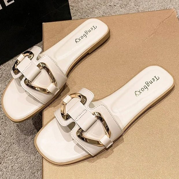 Women Metal Decor Single Band Flat Sandals Fashion Sexy Open Toe Outdoors Slides Luxurious Office Ladies Party Female Shoes - Luxe Ladies Moda