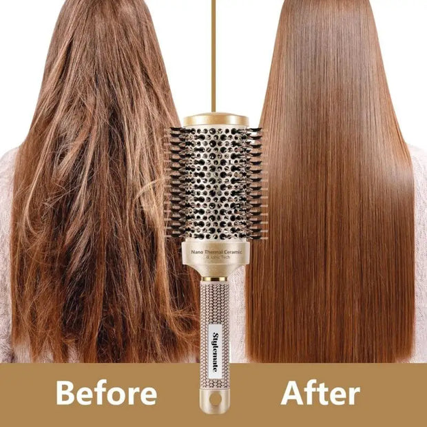 Golden Ceramic Pig Hair Comb: Aluminum Tube Thermal Conductive Curling Tool for Hair Styling/Scalp Massage