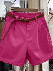 Summer Cotton Shorts for Women Korean Loose Casual Wide Leg Short Belt Solid Color Rose Red Women's Short Pants Female Clothing