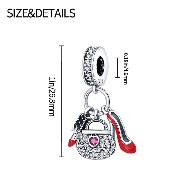 925 Sterling Silver Lipstick For High-heel Handbag Beads Fit Pandora Original Bracelet Charms Beads Women's Jewelry Gift - Luxe Ladies Moda