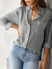 Women's Shirt Blouse Pink Striped classic Print Button Long Sleeve Casual No pockets Daily Basic Shirt - Luxe Ladies Moda
