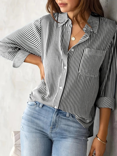 Women's Shirt Blouse Pink Striped classic Print Button Long Sleeve Casual No pockets Daily Basic Shirt - Luxe Ladies Moda