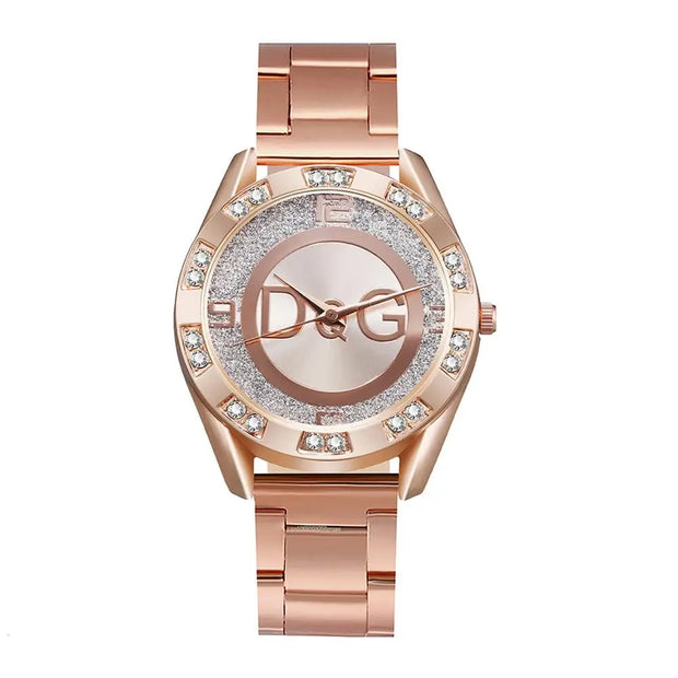 Women Watch Fashion with Diamonds Crystal Design Quartz Watches Leisure Rose Gold Stainless Steel Strap Clock - Luxe Ladies Moda
