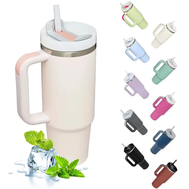40oz 304 Straw For Sport Stainless Steel Insulated Water Bottle Thermal Coffee Car Cup Cold Hot Mugs Vacuum Flask With Handle - Luxe Ladies Moda