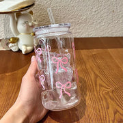 500Ml Pink Bow Print Water Bottle Drinking Can Iced Hot Coffee Juice Plastic Cup Pink Bowknot Tumbler Cup - Luxe Ladies Moda