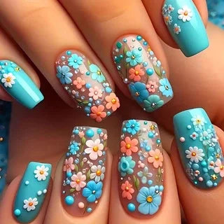 24pcs/set Medium long fake nails for women Spring summer flowers butterfly bee design faux ongles tips press on false nail art - Luxe Ladies Moda