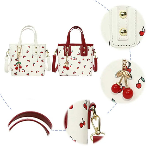 Women PU Cherry Shoulder Bag Large Capacity Stylish Crossbody Bag with Cherry Pendant Simple Messenger Bag Aesthetic Handbag - Luxe Ladies Moda