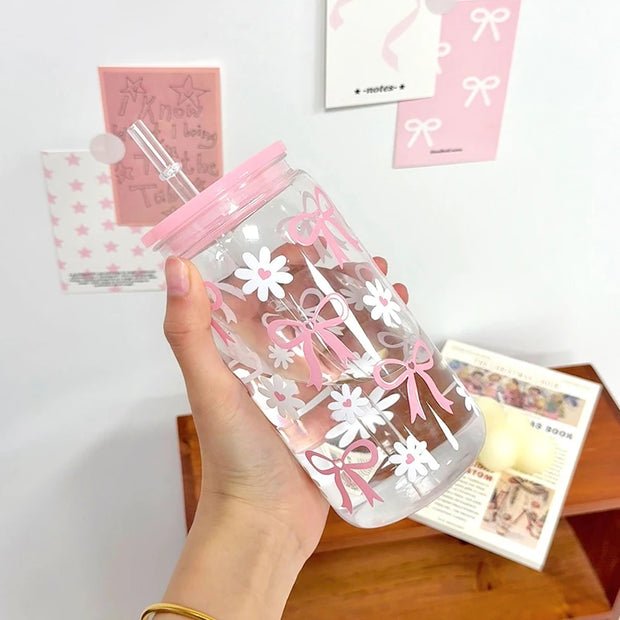 500Ml Pink Bow Print Water Bottle Drinking Can Iced Hot Coffee Juice Plastic Cup Pink Bowknot Tumbler Cup - Luxe Ladies Moda