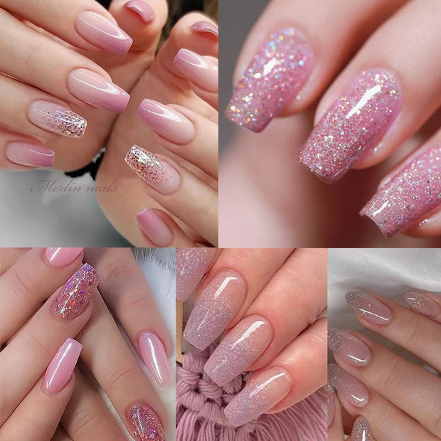 6PCS/Set Pink Glitter Gel Nail Polish Set Sequins Semi Permanent Base Matte Top Coat Soak Off LED UV Nail Art Gel Varnish
