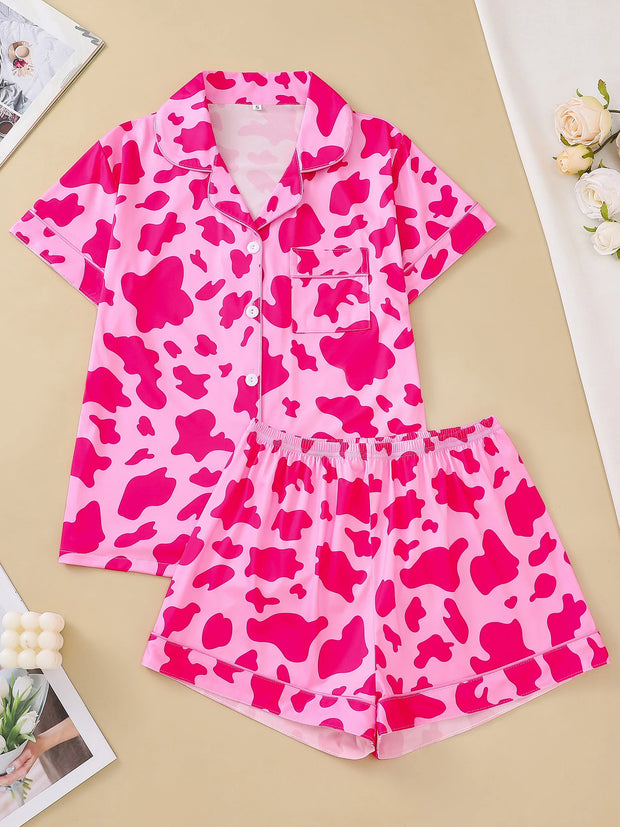 Two-piece set of women's pajamas lapel top and trousers cow pattern summer casual women's pajamas home wear - Luxe Ladies Moda