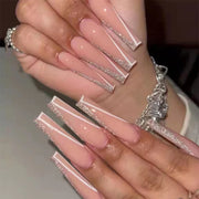 24pcs/Box Long T Handmade French Flame Wave Love With Diamond False Nail Enhancement Waterproof Gel Fake Nails
